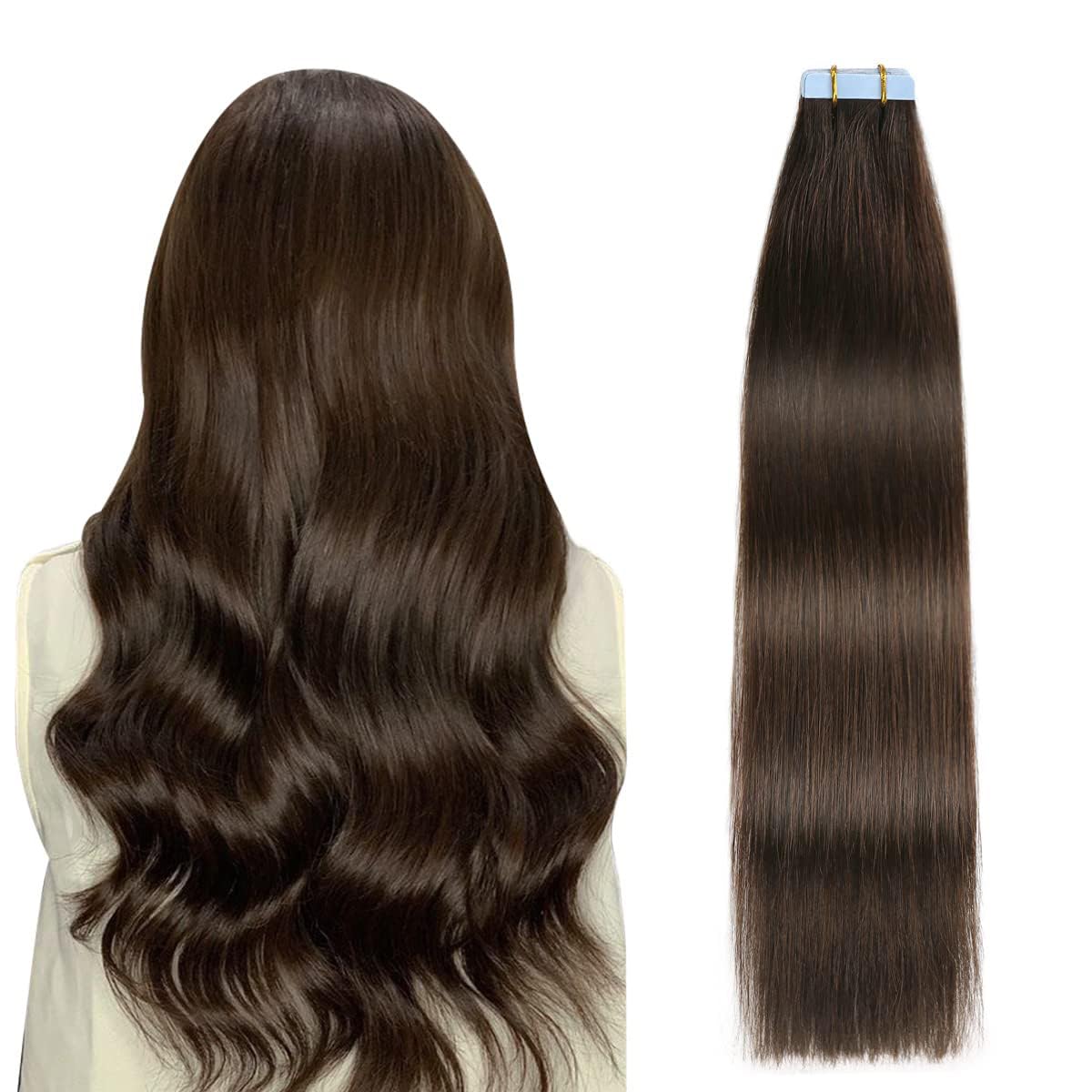 Tape in Hair Extensions Human Hair 16 inches Darkest Brown