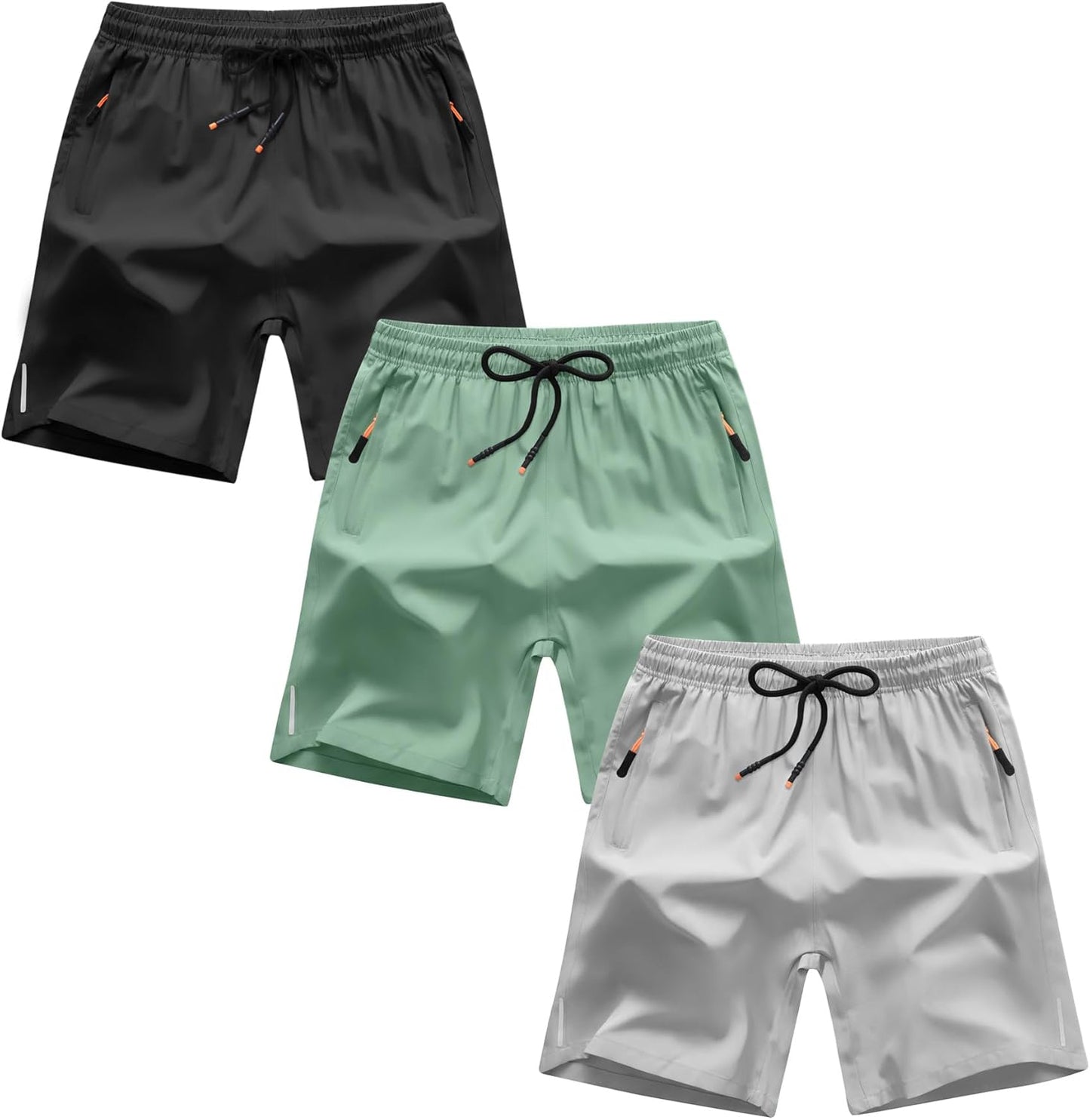 Boys Quick Dry Athletic Running Shorts with Zipper Pockets