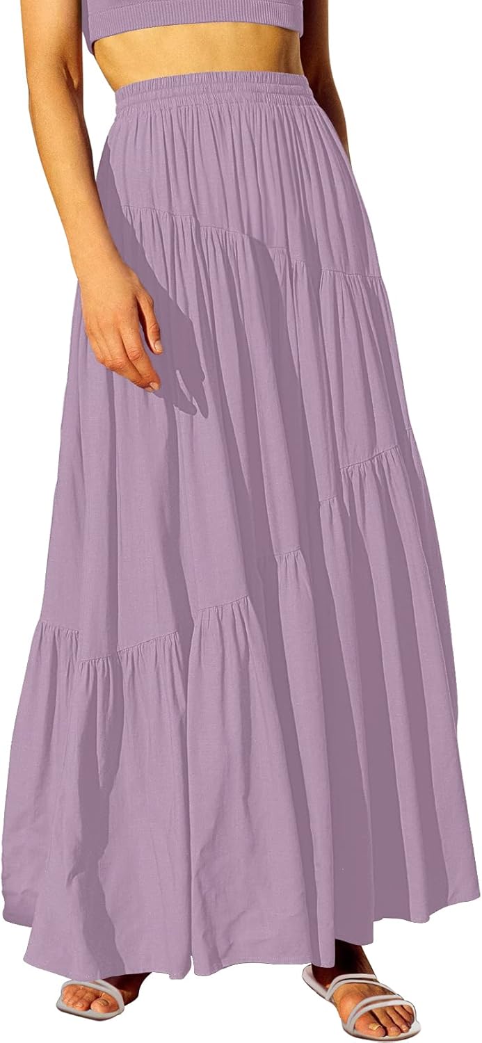 Womens Boho Elastic High Waist Pleated A-Line Maxi Skirt Dress