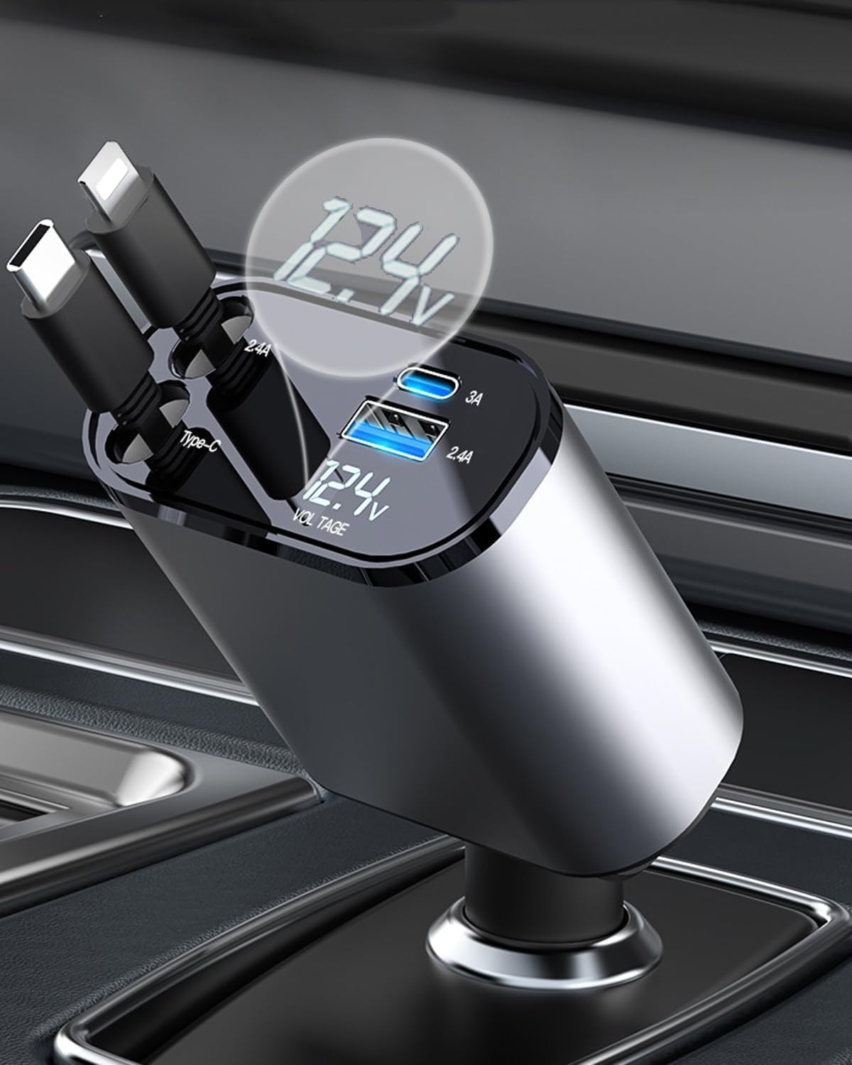 4-in-1 60W Retractable Car Charger - Fast Charging