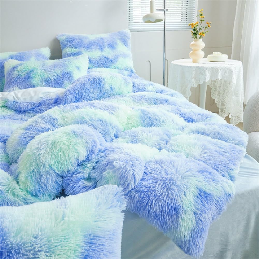 Shaggy Fluffy Plush Duvet Cover Set for Kids Girls Mint Green