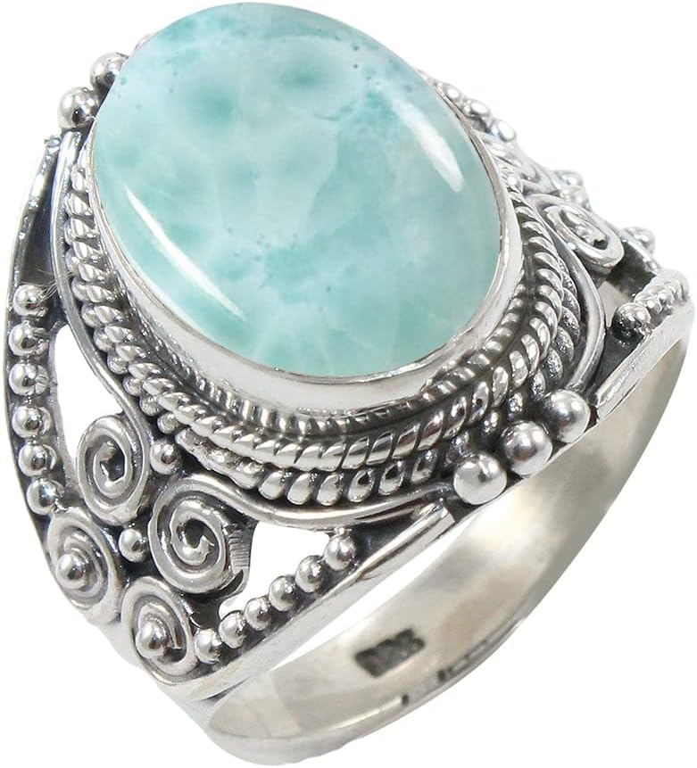 Sterling Silver 925 Ring with Natural Larimar Gemstone for Women