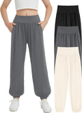 Girls Wide Leg Pants 3 Pack - Comfortable Elastic Waist Lounge Pants