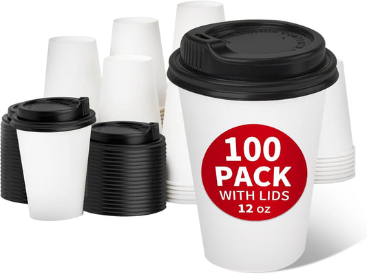 100 Pack RACETOP 12 oz Hot Coffee Cups with Lids - Convenient for Home/Office