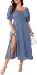 Women's Plus Size Summer Dress Square Neck Milkmaid Tie Front Maxi