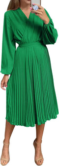 PRETTYGARDEN Womens Spring Midi Dress Puff Sleeve Wrap V Neck - Flowy