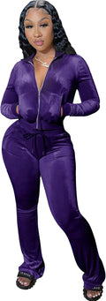 Velour Tracksuit Two Piece Outfits for Women - Retro Crop Zip Set not