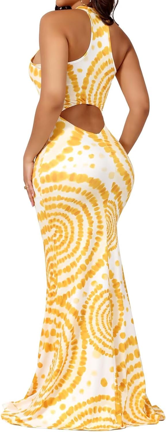 Sexy Bodycon Maxi Dress for Women - Tie Dye Beach Sundress