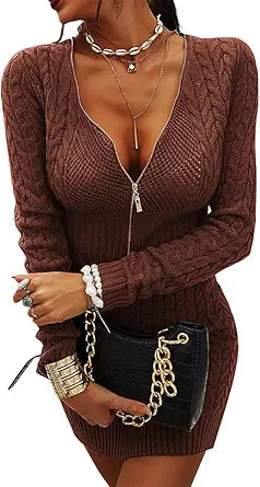 Veatzaer Womens Zipper V-Neck Casual Slim Fit Sweater Dress