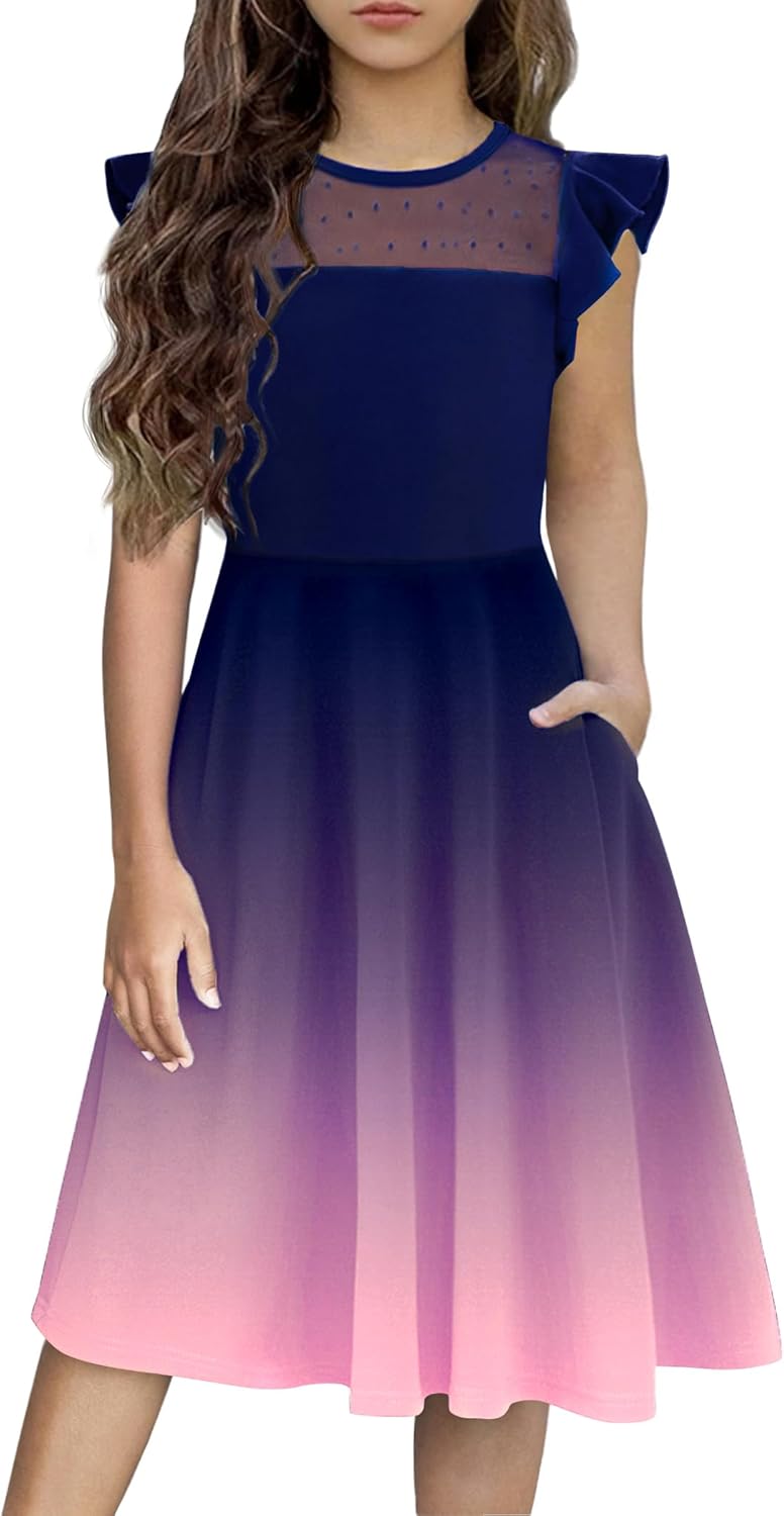 Girls Summer Formal Party Wedding Ruffle Sleeve Dress with Pockets