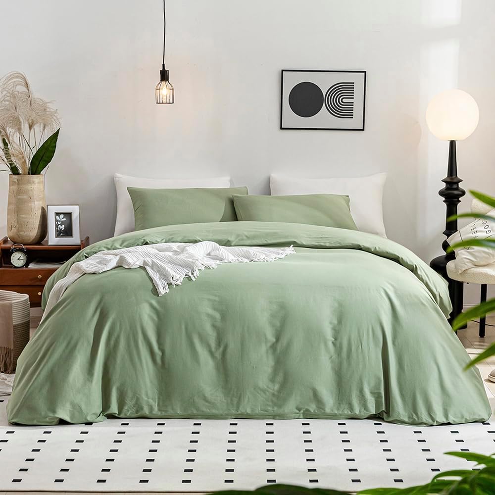Light Green Duvet Cover King Size - Soft Cotton Bedding Set