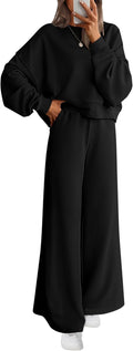 Women 2 Piece Sweatsuit Set - Oversized Crewneck and Wide Leg Pants