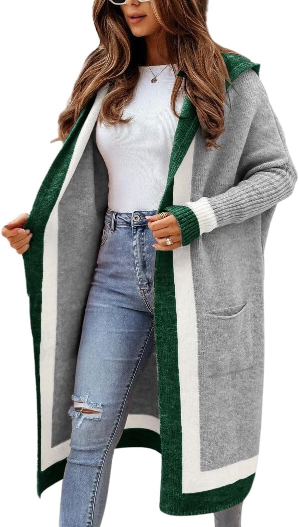 Chouyatou Women's Color Block Oversized Hooded Cardigan Sweater