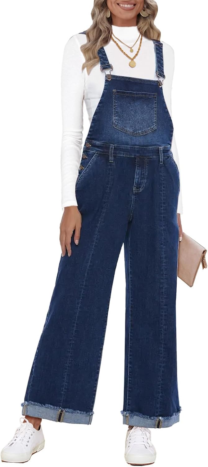 Vetinee Womens Overalls Denim Loose Fit Wide Leg Jumpsuit