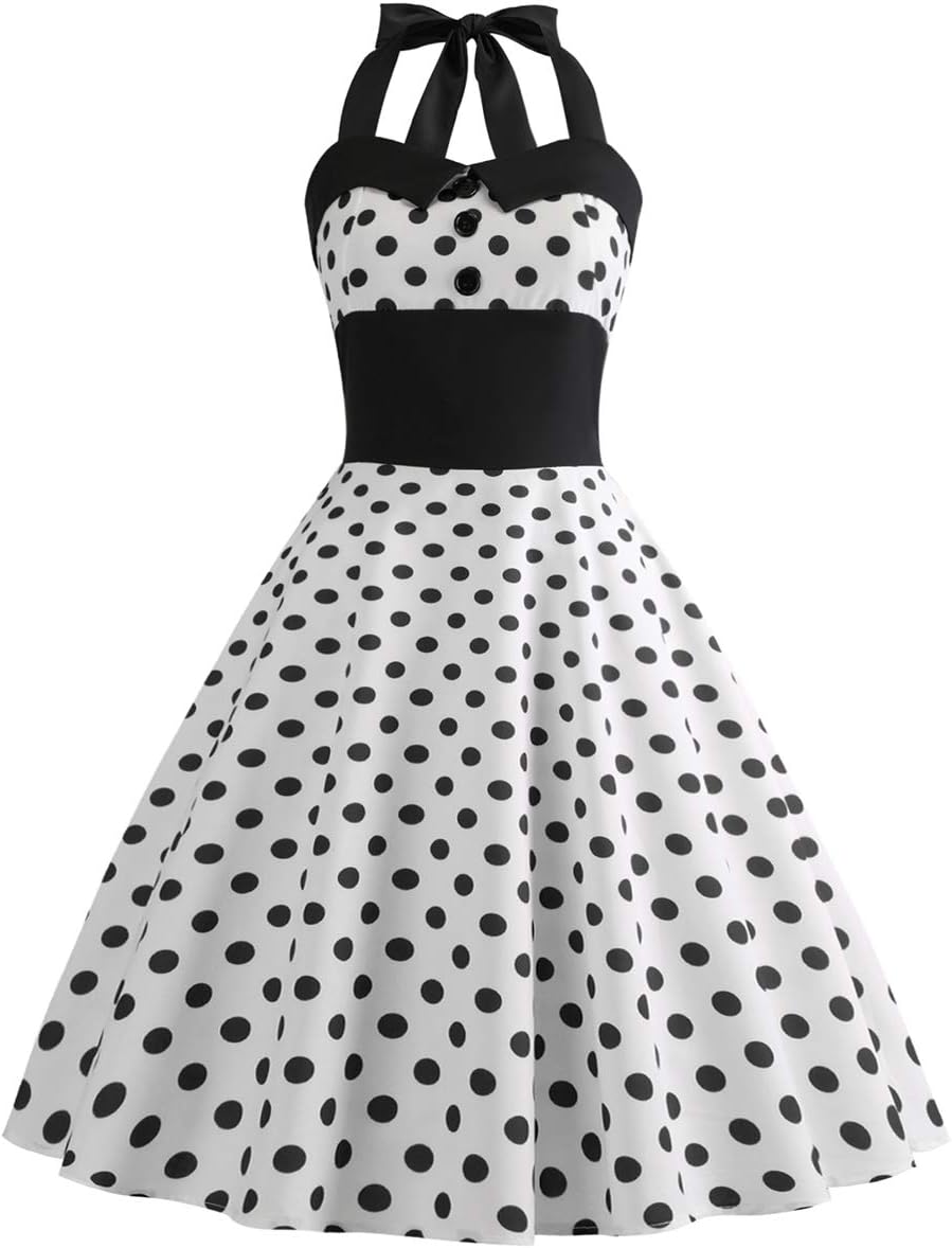 Vintage 1950s Polka Dot Halter Cocktail Swing Dress for Women