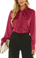 Escalier Women's Silk Satin Bow Tie Neck Blouse - Long Sleeve Work Top