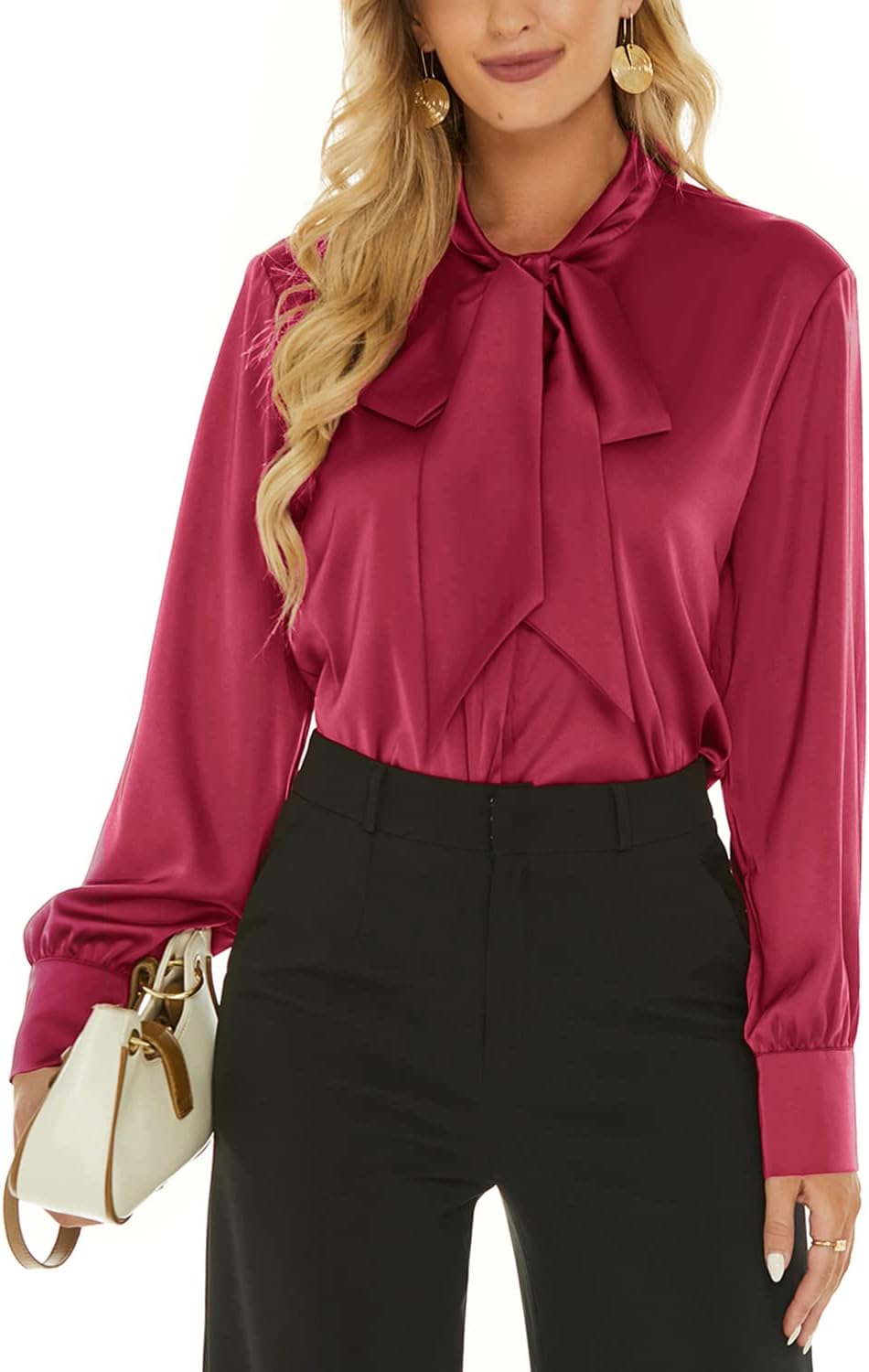 Elegant Women's Silk Blouse with Bow Tie Neck for Office Wear