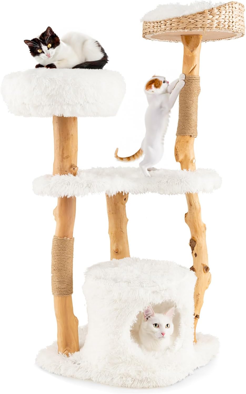 Tangkula Cat Tree Tower with Solid Wood and Cozy Cattail Bed