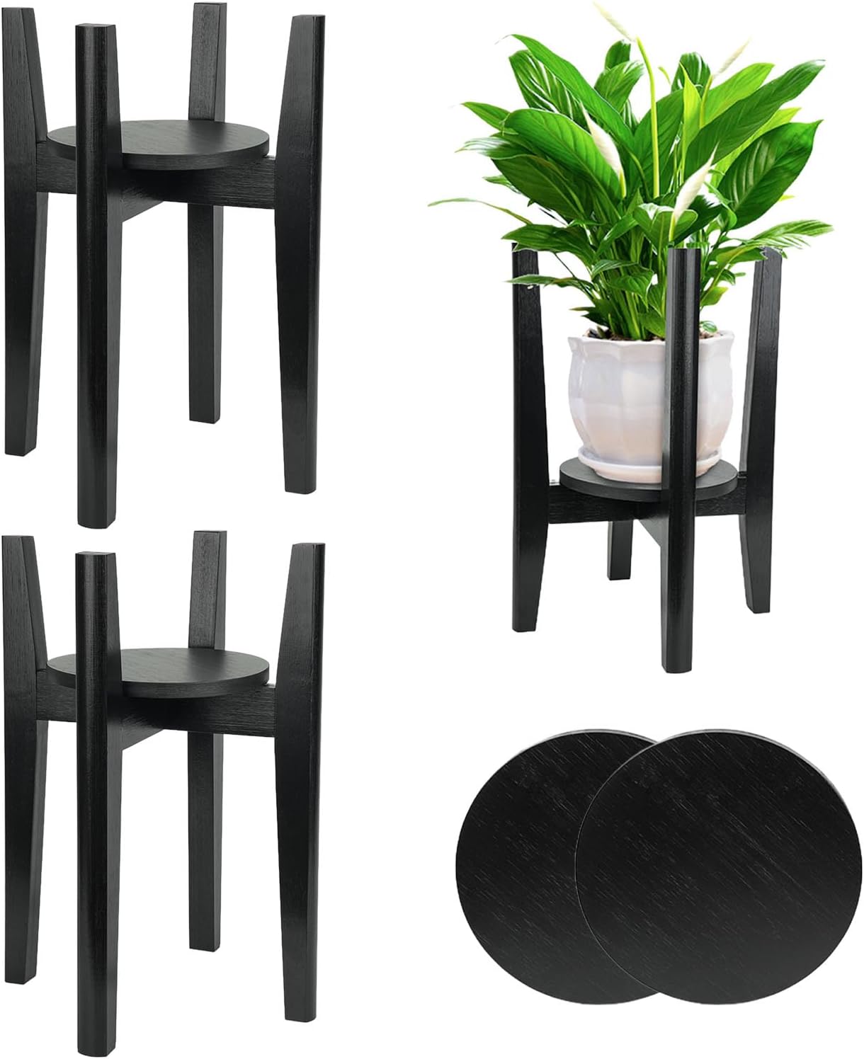 Adjustable Plant Stand with Tray for Indoor Use, Black