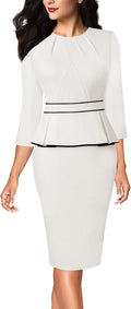 Womens Pleated Crew Neck Peplum Work Dress - Tailored Office Fit