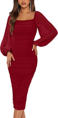 Stylish Long Puff Sleeve Ruched Midi Bodycon Dress for Women