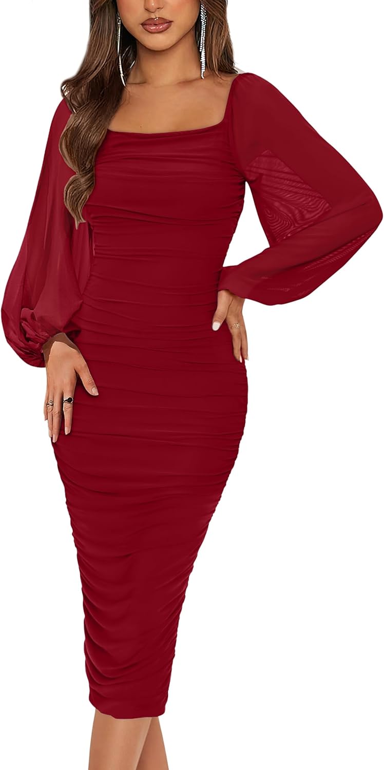 Stylish Long Puff Sleeve Ruched Midi Bodycon Dress for Women