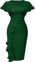 Memoriesea Womens Vintage Ruffle Sleeve Ruched Bodycon Midi Dress