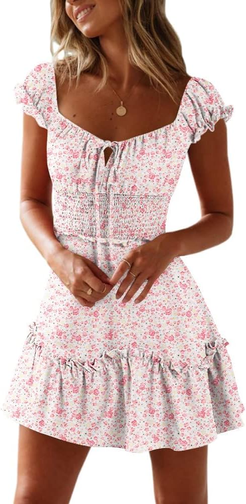YOBECHO Womens Summer Ruffle Sleeve Sweetheart Neckline Dress