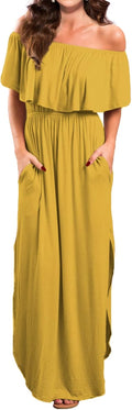 Stylish Off Shoulder Summer Maxi Dress with Ruffles and Pockets