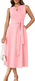 Women Sleeveless Tie Waist A-Line Midi Dress - Work & Party