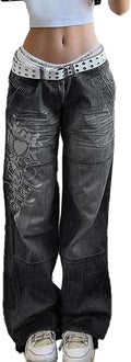 Low Rise Heart Pattern Baggy Jeans Washed Wide Leg Cargo Pants