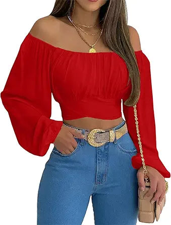 MIRACMODA Off Shoulder Ruched Tie Back Crop Top for Summer