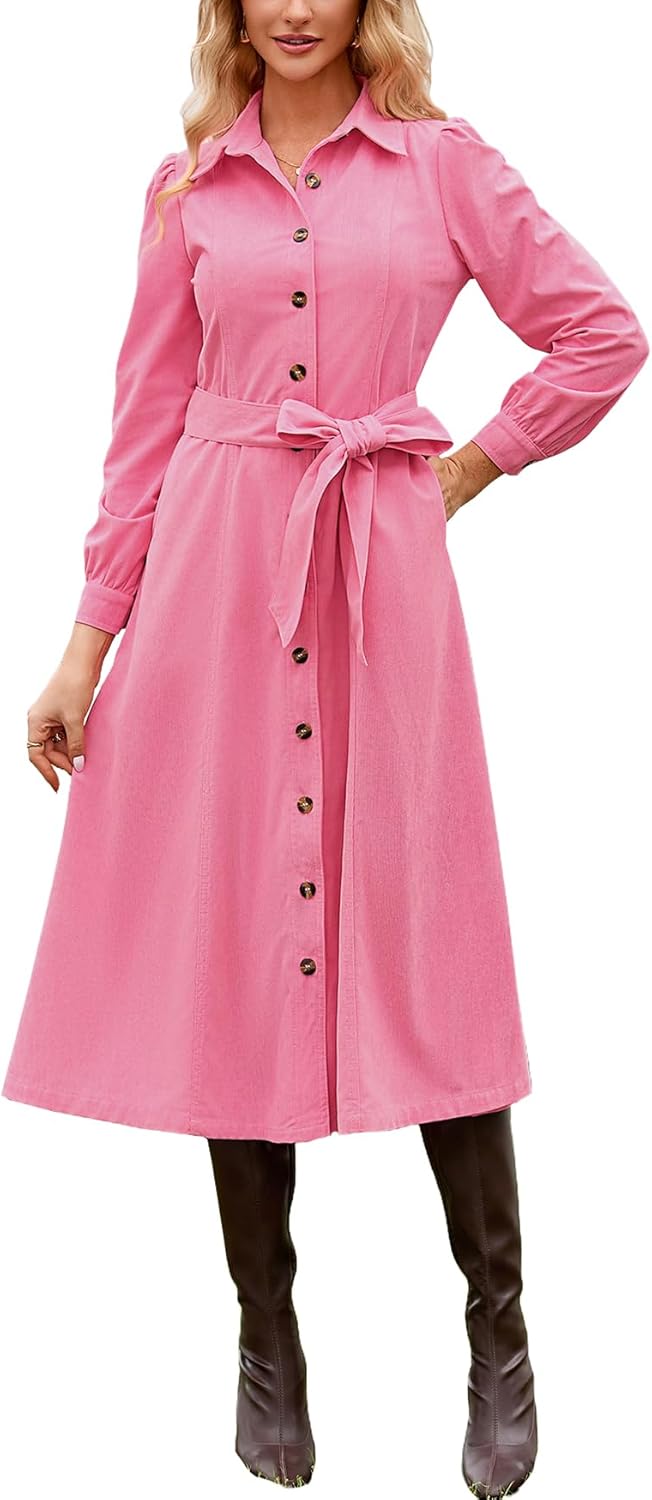 Women's Corduroy Maxi Dress Long Sleeve Button Down Style