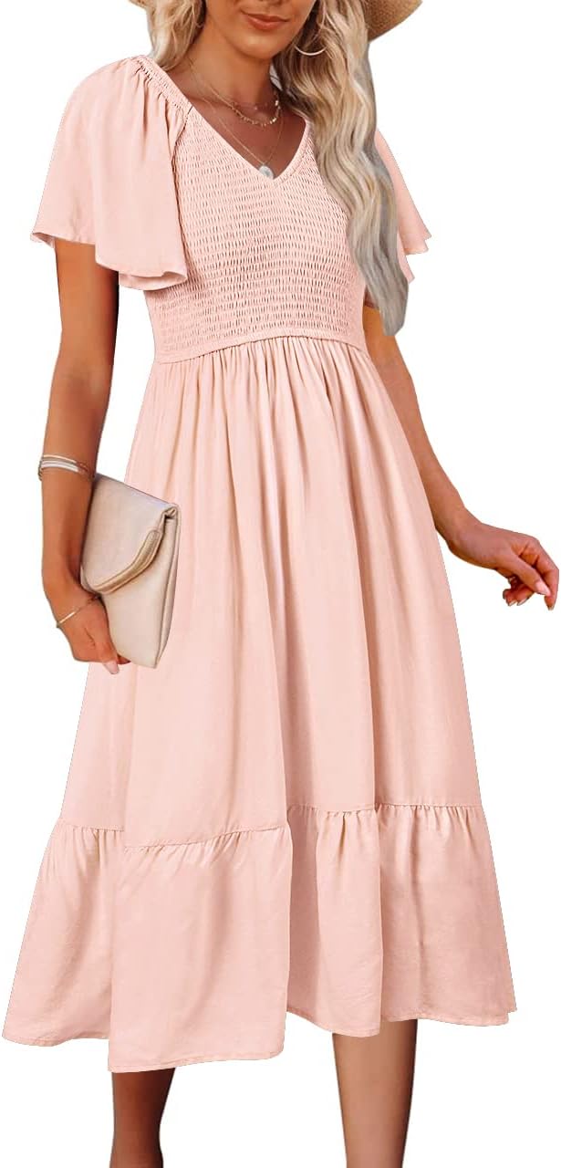 Stylish Women's Summer V Neck Ruffle Sleeve Midi Dress