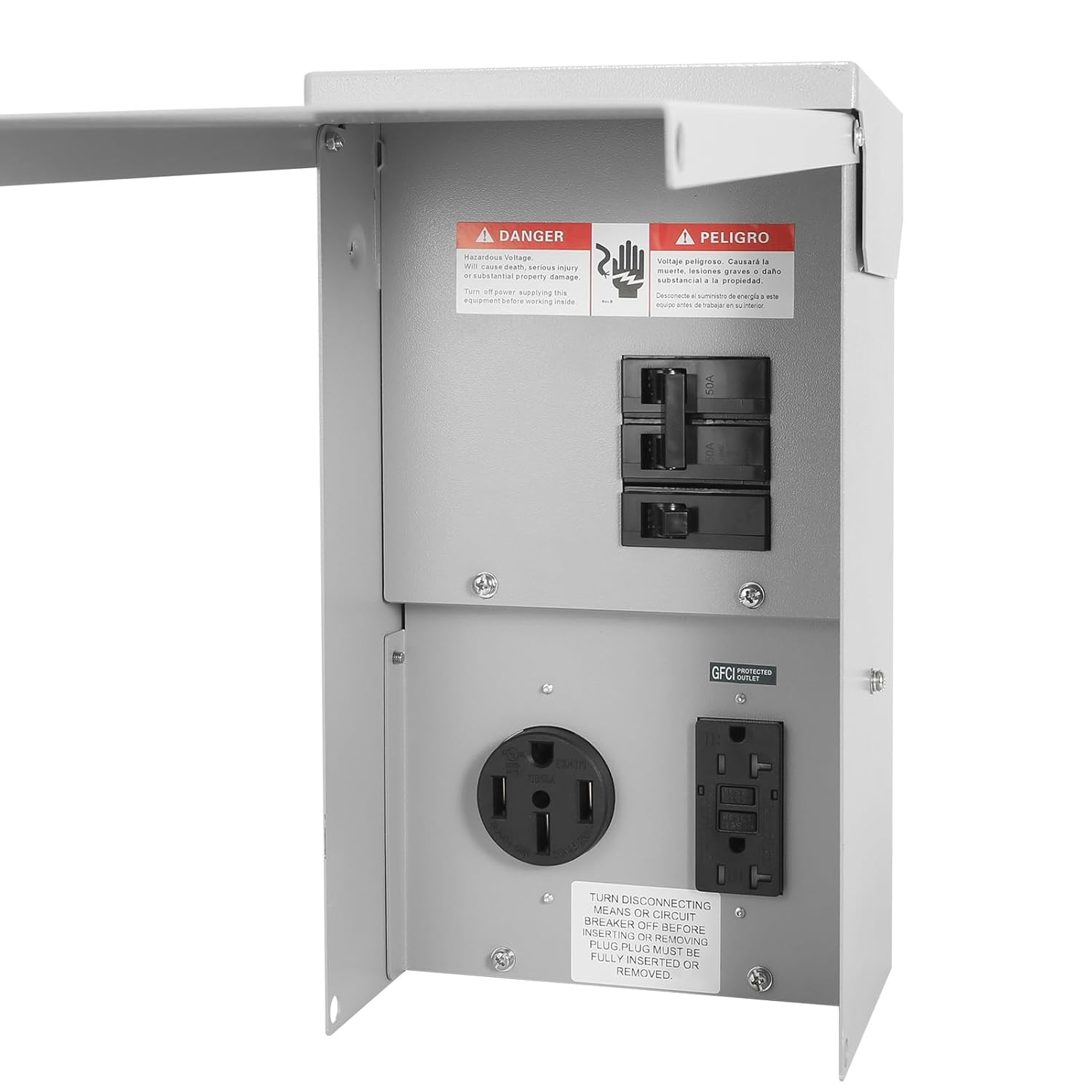 Temporary Power Outlet Panel for RV with 50 amp and 20 amp Receptacle