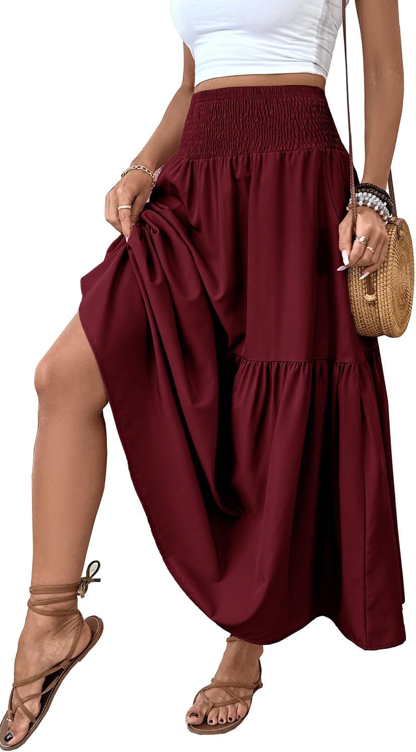 Women's Smocked High Waist Maxi Skirt with Pockets for Style