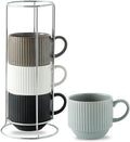 Large Ribbed Coffee Mug Set of 4 with Rack - 15 oz Stackable Mugs