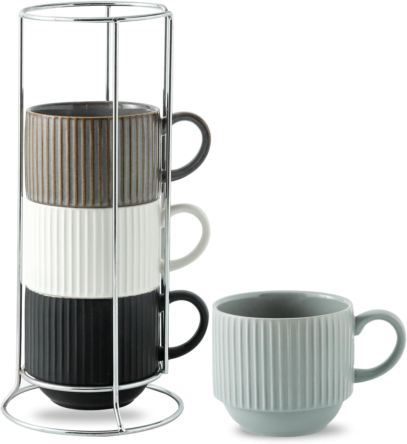 Large Coffee Mug Set of 4 with Rack - 15 oz Stacking Cups