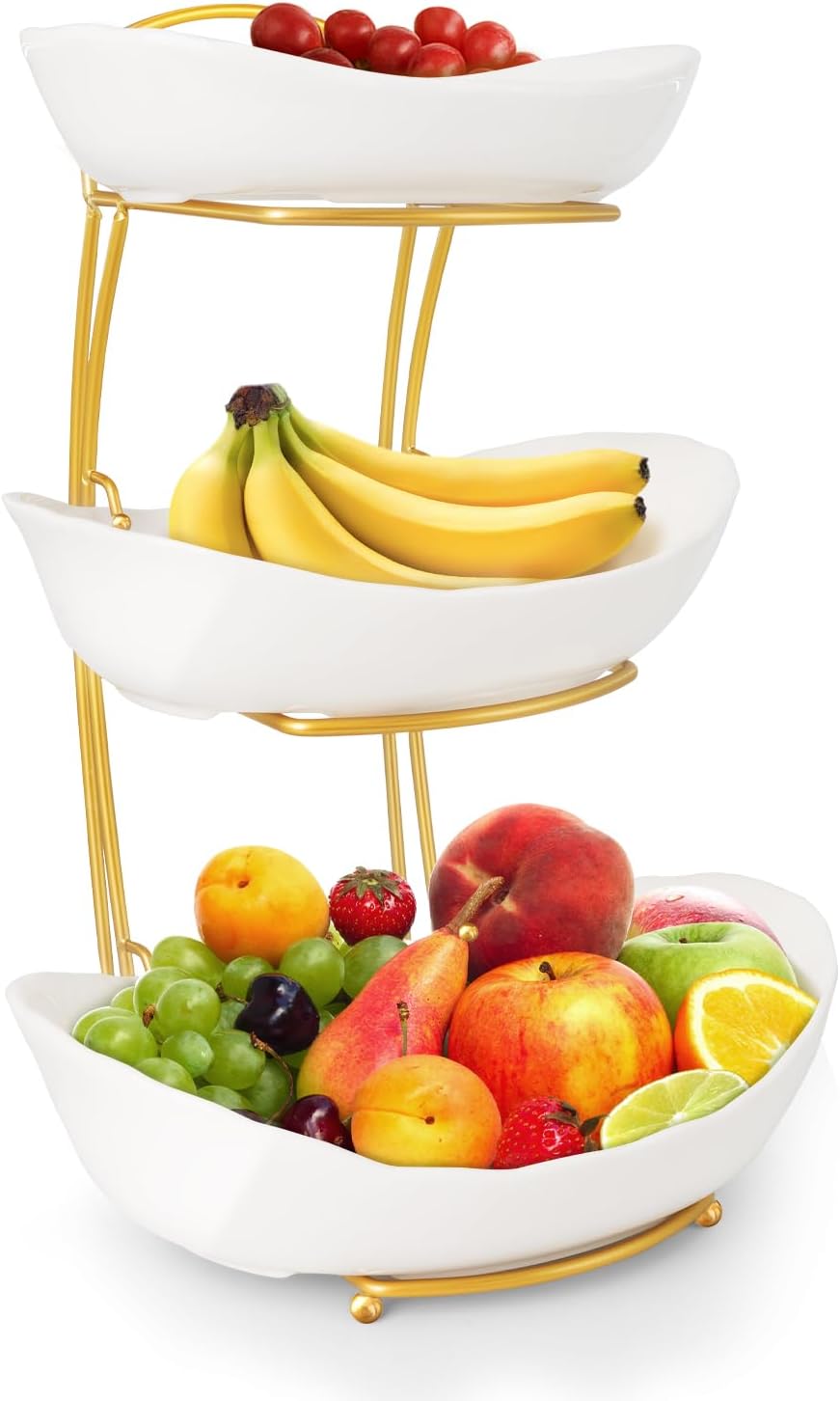 3 Tier Fruit Bowls for Kitchen Counter - Elegant Ceramic Display