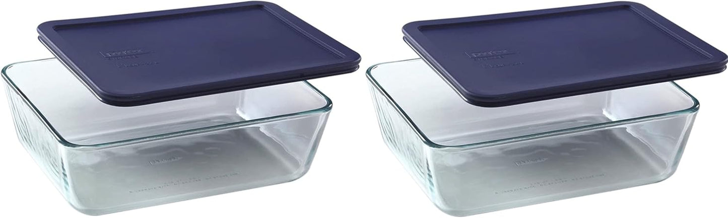 Pyrex 11-Cup Glass Dishes with Dark Blue Lids for Food Storage