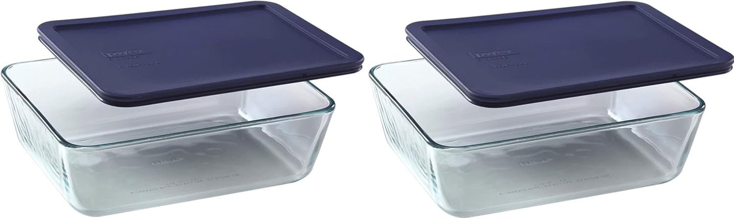 Pyrex 11-Cup Glass Dishes with Dark Blue Lids for Food Storage