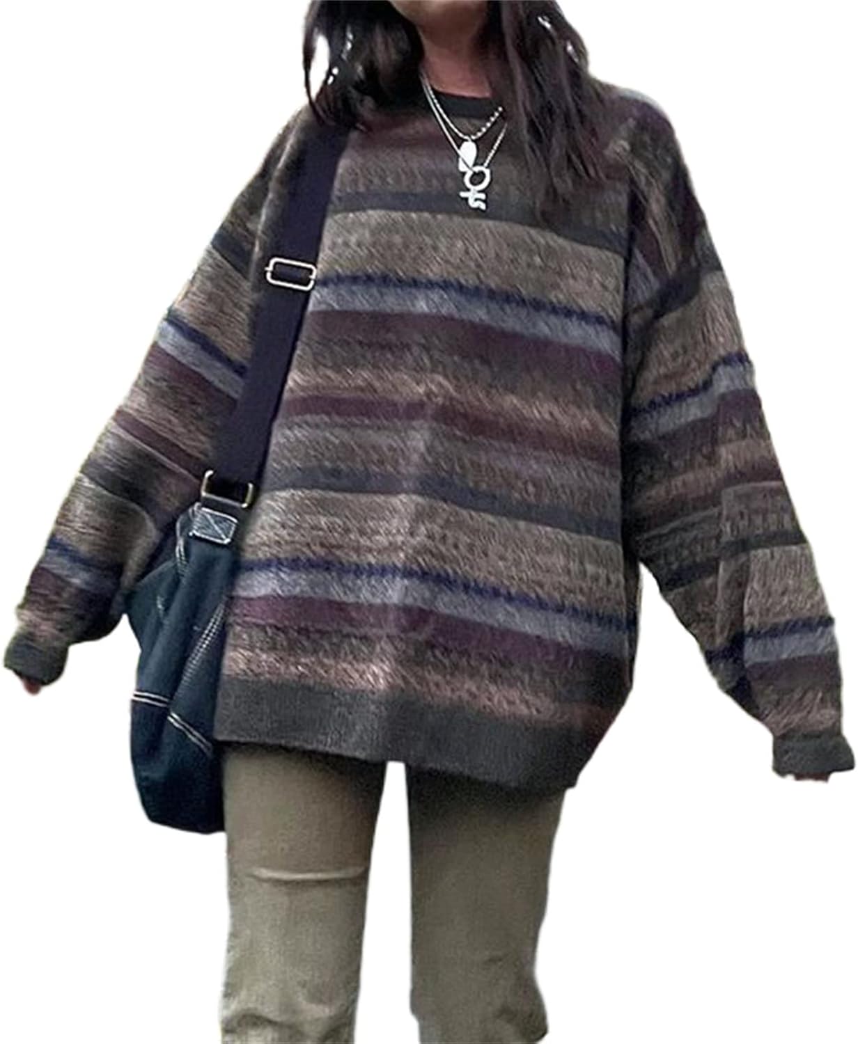Women Y2K Argyle Striped Pullover Sweater for Vintage Style
