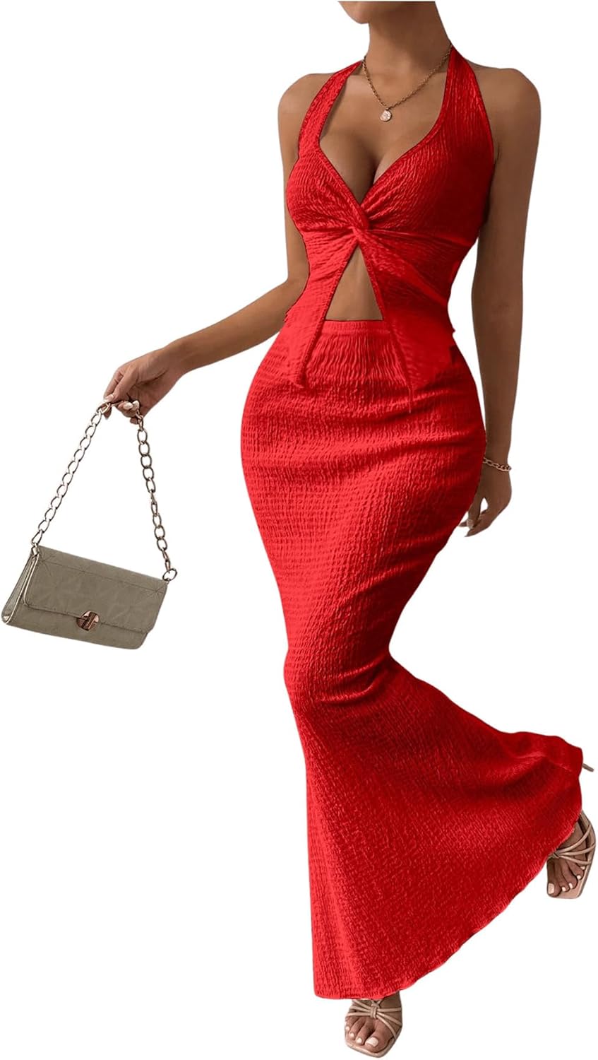 Stylish Women's Two Piece Outfits with Twist Front Halter Design