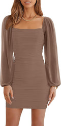 Mesh Long Sleeve Square Neck Ruched Mini Bodycon Dress (Style B1VX)