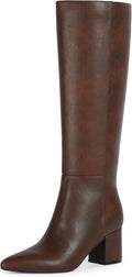 Knee High Boots for Women Chunky Heel Pointed Toe Brown Boots