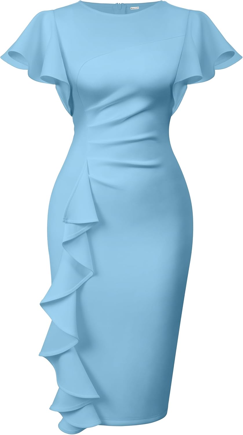 Memoriesea Women's Vintage Church Ruffle Sleeve Midi Dress