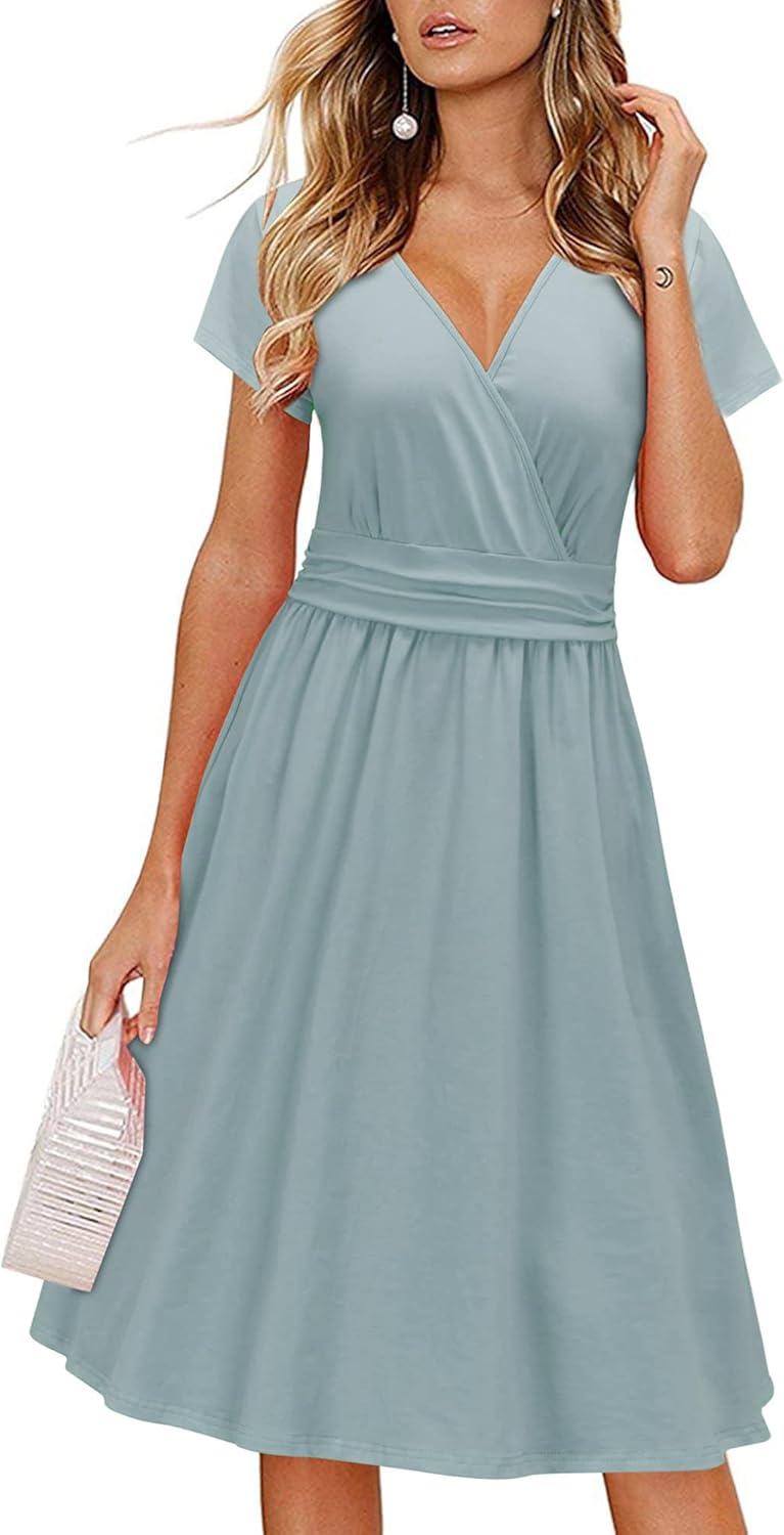 OUGES Women's Summer Short Sleeve V-Neck Floral Dress with Pockets