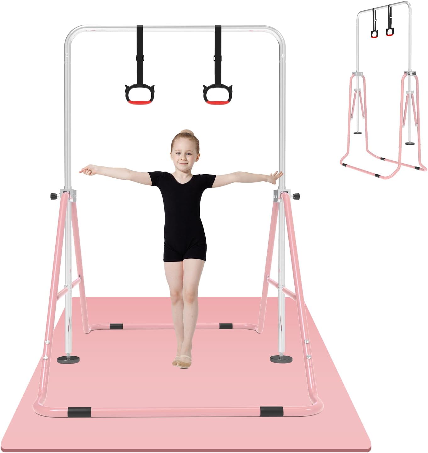 Gymnastics Bar for Kids with Adjustable Rings and Safety Mat