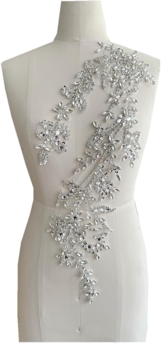 Handmade Shining Acrylic Rhinestones Lace Applique Trim Patches