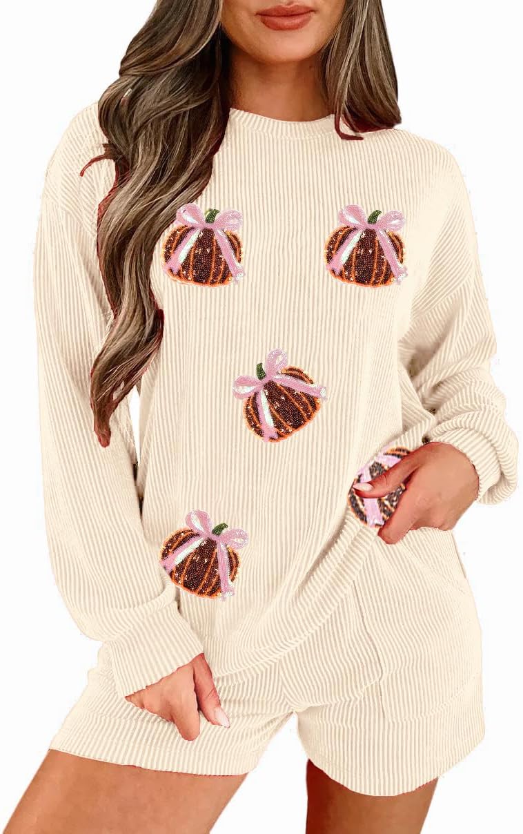 Womens Ribbed Pajama Sets Long Sleeve Top and Shorts Loungewear